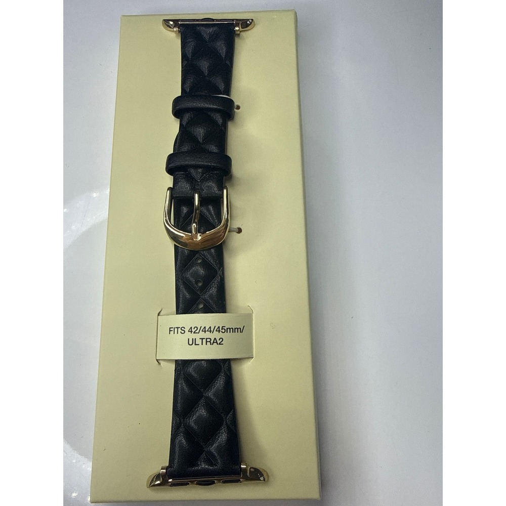 Anne Klein Black Quilted Leather Apple Watch Band 42/44/45mm Ultra 2 Gold Tone
